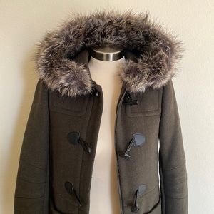 BCBGeneration Dark Olive Coat with Fur Trim Hoodie (Size XS)